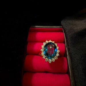 Stunning Gold Tone Ring- Blue Gem-Premier Designs